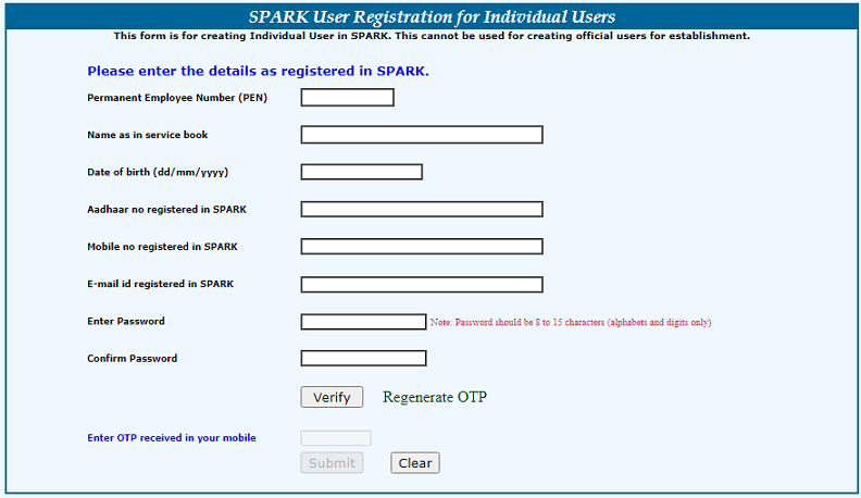 SPARK new registration page