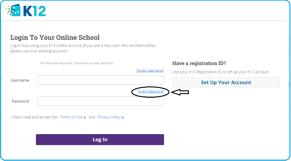 tap on forgot password on the K12 OLS Login page