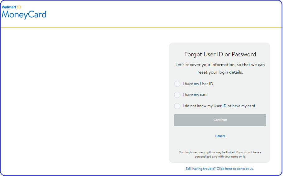 recover password on the Walmart MoneyCard Login page